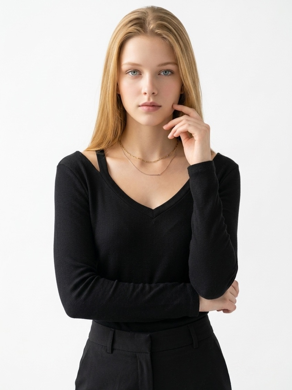 NYTT | Long Sleeve Shoulder Cutout Top Textured V-Neck L